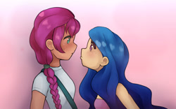 Size: 1280x798 | Tagged: safe, artist:pyukumeru, izzy moonbow, sunny starscout, human, g5, my little pony: a new generation, bag, blushing, clothes, cute, duo, female, humanized, izzybetes, lesbian, light skin, looking at each other, looking at someone, scene interpretation, ship:moonscout, shipping, shirt, stare, staring contest, sunnybetes, t-shirt, tan skin, tank top