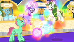 Size: 3072x1727 | Tagged: safe, screencap, elderberry blossom, emerald saucer, leaf pony, pegasus, pony, unicorn, g5, moon festival, my little pony: tell your tale, spoiler:g5, spoiler:my little pony: tell your tale, spoiler:tyts01e59, female, magic, male, mare, open mouth, open smile, smiling, stallion, telekinesis, unnamed character