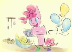 Size: 1101x791 | Tagged: safe, artist:destiny_manticor, pinkie pie, earth pony, pony, semi-anthro, g4, colors, cooking, dough, looking at something, mixer, open mouth, open smile, pastel, simple background, smiling, solo, yellow background