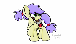 Size: 1024x600 | Tagged: safe, artist:colorfulwonders, cream puff, earth pony, pony, g4, creambetes, cute, female, green eyes, mare, older, older cream puff, pickaxe, simple background, solo, turned head, white background