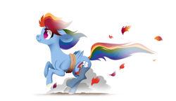 Size: 2611x1500 | Tagged: safe, artist:28gooddays, rainbow dash, pegasus, pony, g4, autumn leaves, bound wings, colored hooves, leaves, no pupils, rope, running of the leaves, side view, simple background, smiling, solo, white background, wings