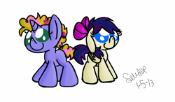 Size: 1024x600 | Tagged: safe, artist:colorfulwonders, oc, oc only, oc:angel cake, oc:fruit cake, pegasus, pony, unicorn, baby, baby pony, colt, duo, duo male and female, female, filly, foal, male, parent:cream puff, parent:pound cake, parents:creamcake, simple background, white background