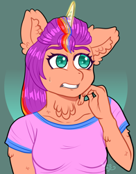 Size: 2404x3068 | Tagged: safe, artist:yumomochan, derpibooru exclusive, sunny starscout, earth pony, anthro, g5, breasts, ear fluff, female, high res, implied sunnycorn, mare, solo, sweat, sweatdrop