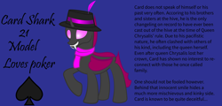 Size: 7000x3370 | Tagged: safe, artist:cardshark777, oc, oc only, oc:card shark, changeling, blue background, changeling oc, clothes, digital art, fangs, feather, fedora, hat, male, male oc, pink changeling, pink eyes, raised hoof, raised leg, reference sheet, scarf, simple background, smiling, solo, text