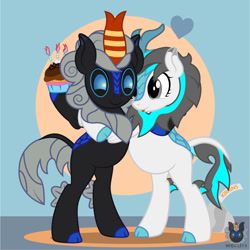 Size: 1242x1241 | Tagged: safe, artist:wheatley r.h., derpibooru exclusive, oc, oc only, oc:blizzard flare, oc:w. rhinestone eyes, kirin, birthday, chocolate, cloven hooves, cupcake, cute, duo, duo male and female, female, floating heart, food, happy, heart, hug, kirin oc, male, ocbetes, simple background, stallion, standing on two hooves, tongue out, vector, watermark, white berry
