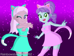 Size: 3040x2309 | Tagged: safe, artist:rainbowstarcolour262, crystal lullaby, oc, oc:zina pearl, human, series:equ shadowcats, equestria girls, g4, animal costume, bare shoulders, boob window, breasts, busty crystal lullaby, busty zina pearl, cat costume, cat ears, cat tail, catgirl, cleavage, clothes, costume, duo, duo female, eyeshadow, female, gradient background, green eyes, high res, looking at you, makeup, midriff, one eye closed, ponytail, purple eyes, signature, skirt, sleeveless, smiling, stockings, tail, tank top, thigh highs, upskirt denied, wink, winking at you