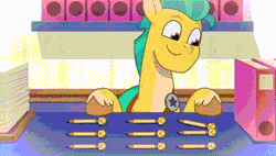 Size: 498x282 | Tagged: safe, screencap, hitch trailblazer, misty brightdawn, earth pony, pony, unicorn, as the misty clears, g5, my little pony: tell your tale, spoiler:g5, spoiler:my little pony: tell your tale, spoiler:tyts01e53, animated, book, female, freckles, gif, male, mare, moral event horizon, paper, pencil, pure unfiltered evil, smiling, smirk, stallion, you monster