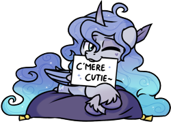 Size: 2421x1791 | Tagged: safe, artist:sugar morning, oc, oc only, oc:prince plushy soft, alicorn, pony, alicorn oc, commission, cute, fluffy, horn, one eye closed, pillow, sign, simple background, solo, transparent background, wings, wink, ych result
