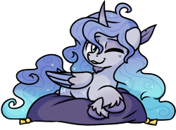 Size: 2421x1791 | Tagged: safe, alternate version, artist:sugar morning, oc, oc only, oc:prince plushy soft, alicorn, pony, alicorn oc, commission, cute, fluffy, horn, one eye closed, pillow, simple background, solo, transparent background, wings, wink, ych result