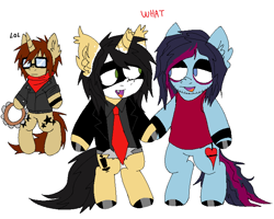 Size: 762x610 | Tagged: safe, artist:k0br4, bat pony, bat pony unicorn, earth pony, hybrid, pony, unicorn, belt, bert mccracken, broken horn, clothes, dyed mane, emo, fangs, gay, gerard way, glasses, gloves, holding hooves, hoof polish, horn, looking at each other, looking at someone, makeup, male, mikey way, ms paint, musical instrument, my chemical romance, ponified, shipping, simple background, standing on two hooves, tambourine, the used, two toned mane, white background