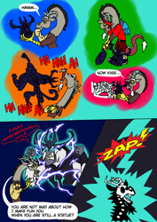Size: 1000x1414 | Tagged: safe, artist:zetikoopa, discord, storm king, draconequus, storm creature, yeti, g4, my little pony: the movie, abuse, angry, caught, comic, discordabuse, electrocution, funny, golf, laughing, lightning, playing, sports, uh oh, zap