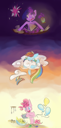 Size: 1500x3118 | Tagged: safe, artist:destiny_manticor, pinkie pie, rainbow dash, twilight sparkle, earth pony, pegasus, pony, unicorn, semi-anthro, g4, book, candle, cloud, colors, cooking, dark background, doodle, dough, drool, eyes closed, female, lantern, looking at something, magic, mixer, on a cloud, open mouth, open smile, paper, pastel, rainbow, sky background, sleeping, sleeping on a cloud, sleepydash, smiling, trio, trio female, yellow background