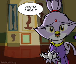 Size: 1035x870 | Tagged: safe, artist:realdash, griffon, ballroom, blaze the cat, catbird, clothes, crossover, cute, dancing, dialogue, female, gloves, griffonized, jewelry, looking at you, open mouth, pixel art, princess, regalia, smiling, solo, sonic the hedgehog (series), species swap, talking to viewer