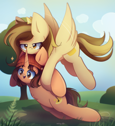 Size: 2100x2300 | Tagged: safe, artist:miryelis, oc, oc only, oc:lemmon sings, oc:prince whateverer, pegasus, pony, unicorn, big ears, commission, cute, duo, flying, hat, high res, horn, long hair, pegasus oc, simple background, smiling, spread wings, unicorn oc, wings