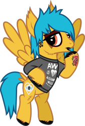 Size: 869x1287 | Tagged: safe, alternate version, artist:lightningbolt, derpibooru exclusive, pegasus, pony, g4, .svg available, alex gaskarth, all time low, cheek fluff, clothes, dyed mane, dyed tail, ear fluff, eyeliner, eyeshadow, flying, hair over one eye, hoof fluff, hoof on hip, hoof polish, lidded eyes, lipstick, looking at you, makeup, male, mascara, ponified, raised hoof, shirt, show accurate, simple background, solo, spread wings, stallion, svg, t-shirt, tail, tail feathers, tattoo, transparent background, vector, wing fluff, wings
