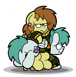 Size: 1300x1304 | Tagged: safe, artist:bobthedalek, oc, oc only, oc:bubble pump, oc:clippy ticket, earth pony, pegasus, pony, chair, clothes, duo, embarrassed, female, jacket, male, mare, pinpoint eyes, simple background, stallion, sweater, unamused, varying degrees of amusement, white background