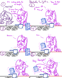 Size: 4779x6013 | Tagged: safe, artist:adorkabletwilightandfriends, starlight glimmer, twilight sparkle, alicorn, pony, comic:adorkable twilight and friends, g4, adorkable, adorkable twilight, box, comic, confident, cooking, cute, dork, food, friendship, funny, humor, instructions, kitchen, magic, nervous, noodles, pasta, pot, reading, realization, slice of life, stove, twilight sparkle (alicorn), wings