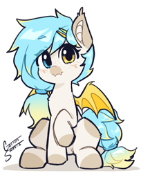 Size: 1736x2123 | Tagged: safe, artist:cottonsweets, oc, oc only, bat pony, pony, fangs, freckles, heterochromia, looking at you, signature, simple background, sitting, solo, white background