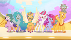 Size: 1920x1080 | Tagged: safe, screencap, hitch trailblazer, izzy moonbow, misty brightdawn, pipp petals, sparky sparkeroni, sunny starscout, zipp storm, alicorn, dragon, earth pony, pegasus, pony, unicorn, g5, moon festival, my little pony: tell your tale, spoiler:g5, spoiler:my little pony: tell your tale, spoiler:tyts01e59, baby, baby dragon, dragons riding ponies, female, height difference, male, mane five, mane seven (g5), mane six (g5), mane stripe sunny, mare, open mouth, open smile, physique difference, pipp is short, race swap, rebirth misty, riding, royal sisters (g5), siblings, sisters, smiling, sparky riding hitch trailblazer, spread wings, stallion, sunnycorn, wings