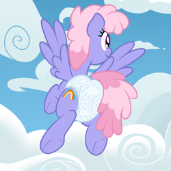 Size: 1919x1919 | Tagged: safe, artist:nitei, rainbowshine, pegasus, pony, g4, butt, clean diaper, cloud, diaper, diaper butt, diaper fetish, diapered, female, fetish, flying, mare, non-baby in diaper, plot, poofy diaper, sky, small diaper, solo, tail, tail hole