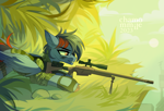 Size: 4000x2710 | Tagged: safe, artist:chamommile, oc, oc only, oc:dawn chaser, original species, pegasus, pony, fallout equestria, ammunition, armor, blue eyes, blue mane, blue skin, body armor, brown eyes, camouflage, clothes, commission, fallout, full body, gun, hoof gloves, jacket, looking at each other, looking at someone, lying down, male, military uniform, pegasus oc, rifle, sig 50, smiling, sniper, sniper rifle, solo, stallion, tail, two toned mane, two toned tail, uniform, weapon, wings, ych result