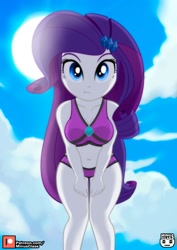 Size: 1413x2000 | Tagged: safe, alternate character, alternate version, artist:minusclass, part of a set, rarity, human, equestria girls, g4, belly button, bikini, bikini bottom, bikini top, breast squeeze, breasts, busty rarity, cleavage, clothes, cloud, cute, diamond, female, frown, hairclip, legs, looking at you, midriff, outdoors, raribetes, sky, solo, stupid sexy rarity, sun, swimsuit