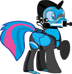 Size: 879x909 | Tagged: safe, artist:sonicstreak5344, oc, oc only, alicorn, pony, air tank, diving helmet, flippers (gear), full face mask, helmet, male, mask, offspring, oxygen tank, parent:flash sentry, parent:twilight sparkle, parents:flashlight, scuba gear, scuba tank, simple background, solo, son, stallion, transparent background, vector, wetsuit