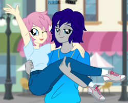 Size: 1000x805 | Tagged: safe, artist:jennieoo, oc, oc only, oc:gentle star, oc:maverick, human, equestria girls, g4, bff, duo, happy, holding, jewelry, looking at you, necklace, shoes, short hair, show accurate, smiling, smiling at you, sneakers, vector