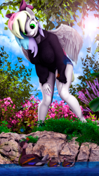 Size: 2160x3840 | Tagged: safe, artist:shadowuwu, artist:theshadow, oc, oc only, oc:blazey sketch, bird, duck, pegasus, anthro, 3d, clothes, collar, commission, excited, female, green eyes, grey fur, high res, hoodie, multicolored hair, pegasus oc, pink nail polish, shorts, solo, ych result