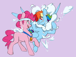 Size: 1280x965 | Tagged: safe, artist:chub-wub, pinkie pie, rainbow dash, earth pony, pegasus, pony, g4, alternate hairstyle, cloud, duo, female, flying, grin, headband, heart, lesbian, mare, medal, missing cutie mark, one eye closed, open mouth, personality swap, purple background, raised hoof, role reversal, ship:pinkiedash, shipping, simple background, smiling, wink