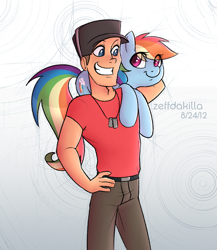 Size: 2000x2300 | Tagged: safe, artist:zeffdakilla, rainbow dash, human, pegasus, pony, g4, abstract background, crossover, female, hand on hip, happy, high res, holding a pony, looking at each other, looking at someone, male, on shoulder, scout (tf2), smiling, standing, team fortress 2