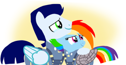 Size: 1980x1020 | Tagged: safe, artist:mlplary6, rainbow dash, soarin', pegasus, pony, g4, alternate timeline, amputee, apocalypse dash, apocalypse soarin', artificial wings, augmented, boyfriend and girlfriend, crying, crystal war timeline, female, male, mare, prosthetic limb, prosthetic wing, prosthetics, ship:soarindash, shipping, smiling, stallion, straight, tears of joy, wings