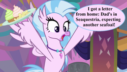 Size: 1280x720 | Tagged: safe, edit, edited screencap, editor:korora, screencap, silverstream, classical hippogriff, hippogriff, g4, she's all yak, chips, cupcake, cute, diastreamies, excited, food, furry reminder, implied male pregnancy, implied oc, implied sky beak, jewelry, necklace, potato chips, school of friendship, seahorse reproduction, speech, speech bubble, talking