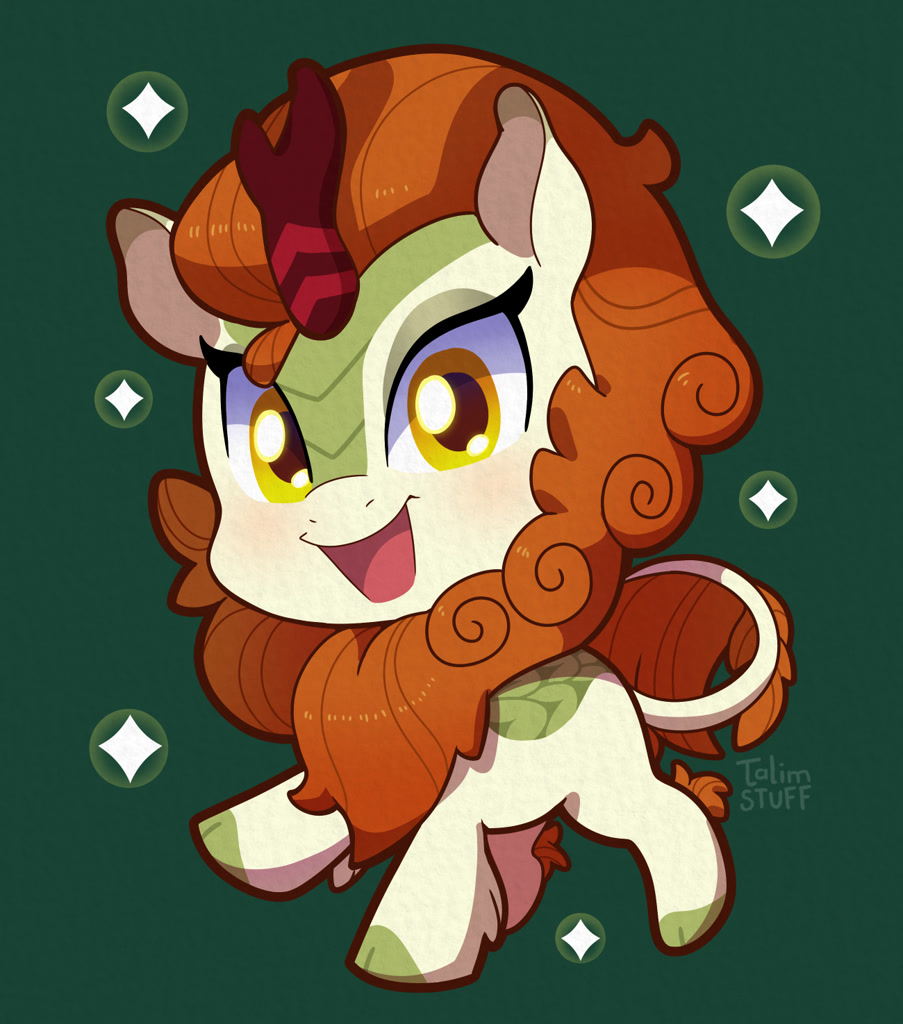 [chibi,cloven hooves,cute,female,kirin,looking at you,open mouth,safe,signature,simple background,solo,sparkles,artist:talimingi,smiling,green background,smiling at you,open smile,autumn blaze,awwtumn blaze]