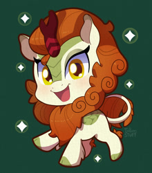 Size: 1300x1475 | Tagged: safe, artist:talimingi, autumn blaze, kirin, g4, awwtumn blaze, chibi, cloven hooves, cute, female, green background, looking at you, open mouth, open smile, signature, simple background, smiling, smiling at you, solo, sparkles