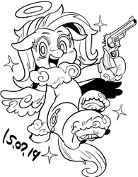 Size: 890x1142 | Tagged: safe, artist:nekubi, oc, oc only, oc:angel-chan, pegasus, pony, black and white, floppy ears, grayscale, gun, handgun, hoof hold, looking at you, monochrome, neck fluff, open mouth, open smile, revolver, sitting, smiling, solo, spread wings, underhoof, unshorn fetlocks, wings