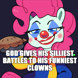 Size: 1124x1124 | Tagged: safe, artist:talimingi, pinkie pie, earth pony, pony, g4, clown, clown makeup, clown nose, female, food, grin, hoof hold, looking at you, mare, narrowed eyes, pie, red nose, simple background, smiling, smiling at you, solo, text