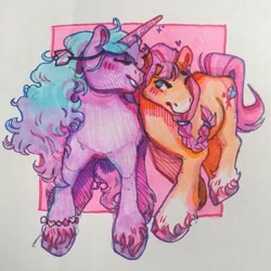 Size: 1965x1965 | Tagged: safe, artist:poniesart, izzy moonbow, sunny starscout, earth pony, pony, unicorn, g5, duo, female, lesbian, ship:moonscout, shipping, traditional art