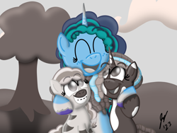 Size: 2160x1620 | Tagged: safe, artist:jesslmc16, idw, misty brightdawn, skye, violette rainbow, pony, unicorn, zebra, g5, my little pony: black white & blue, spoiler:comic, black and white, blue coat, braces, colored, comic, digital art, dreadlocks, female, filly, foal, freckles, grayscale, hug, looking at each other, looking at someone, mare, monochrome, procreate app, signature, simple background, smiling, smiling at each other, tree, trio, trio female, vitiligo