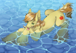 Size: 2000x1401 | Tagged: safe, artist:arhont, braeburn, earth pony, pony, g4, cel shading, commission, cute, looking at you, male, outdoors, partially submerged, shading, solo, stallion, stupid sexy braeburn, tongue out, two toned mane, water, ych result