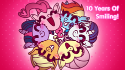 Size: 1920x1080 | Tagged: safe, anonymous artist, applejack, fluttershy, pinkie pie, rainbow dash, rarity, twilight sparkle, earth pony, pegasus, pony, unicorn, smile hd, g4, abstract background, anniversary, anniversary art, applejack's hat, blushing, cheek fluff, colored eyelashes, colored lineart, cowboy hat, eyes closed, eyeshadow, fanart, female, freckles, grin, hair tie, happy, hat, heart, makeup, mane six, mare, open mouth, open smile, pink, pink background, redraw, smiling, text, title card, unicorn twilight
