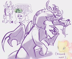 Size: 1784x1476 | Tagged: safe, artist:mushwoomy, discord, fluttershy, draconequus, pegasus, pony, g4, photoshop, shitposting, sketch, speech bubble