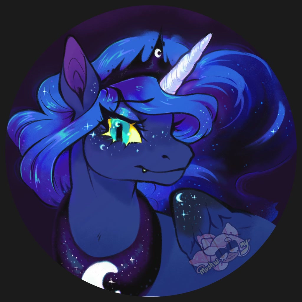 [alicorn,bust,crown,fangs,female,jewelry,looking at you,mare,pony,portrait,princess luna,safe,solo,regalia,slit pupils,artist:mushwoomy]