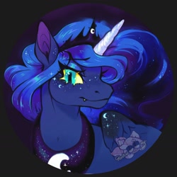 Size: 1760x1760 | Tagged: safe, artist:mushwoomy, princess luna, alicorn, pony, g4, bust, crown, fangs, female, jewelry, looking at you, mare, portrait, regalia, slit pupils, solo