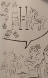 Size: 559x910 | Tagged: safe, artist:jargon scott, princess celestia, alicorn, genie, pony, g4, butt, cake, cakelestia, crossed hooves, female, food, grayscale, mare, monochrome, pencil drawing, smiling, speech bubble, sunbutt, traditional art