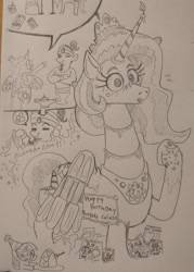 Size: 687x958 | Tagged: safe, artist:jargon scott, princess celestia, twilight sparkle, alicorn, genie, pony, g4, butt, cake, cakelestia, crossed hooves, female, filly, filly twilight sparkle, food, food transformation, grayscale, licking, licking lips, mare, monochrome, pencil drawing, smiling, speech bubble, squatpony, sunbutt, tongue out, traditional art, twiggie, welcome princess celest, younger