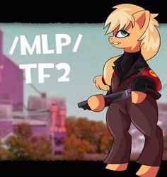 Size: 2828x3000 | Tagged: safe, applejack, earth pony, pony, g4, /mlp/ tf2 general, bipedal, engineer, engineer (tf2), gun, high res, shotgun, team fortress 2, text, weapon