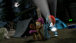 Size: 3840x2160 | Tagged: safe, artist:drixale, rainbow dash, scootaloo, pegasus, pony, g4, 3d, camping, female, flashlight (object), forest, high res, mare, moon, night, source filmmaker, tent