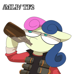 Size: 2000x2000 | Tagged: safe, artist:rusfag, bon bon, sweetie drops, earth pony, pony, g4, /mlp/ tf2 general, alcohol, bottle, confound these ponies, demoman, demoman (tf2), drink, drinking, high res, scrumpy, simple background, solo, team fortress 2, text, transparent background