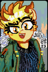 Size: 1280x1920 | Tagged: safe, artist:boxwari, spitfire, pegasus, anthro, g4, clothes, female, jacket, looking at you, mare, open mouth, open smile, pixel art, signature, smiling, smiling at you, solo, sweater